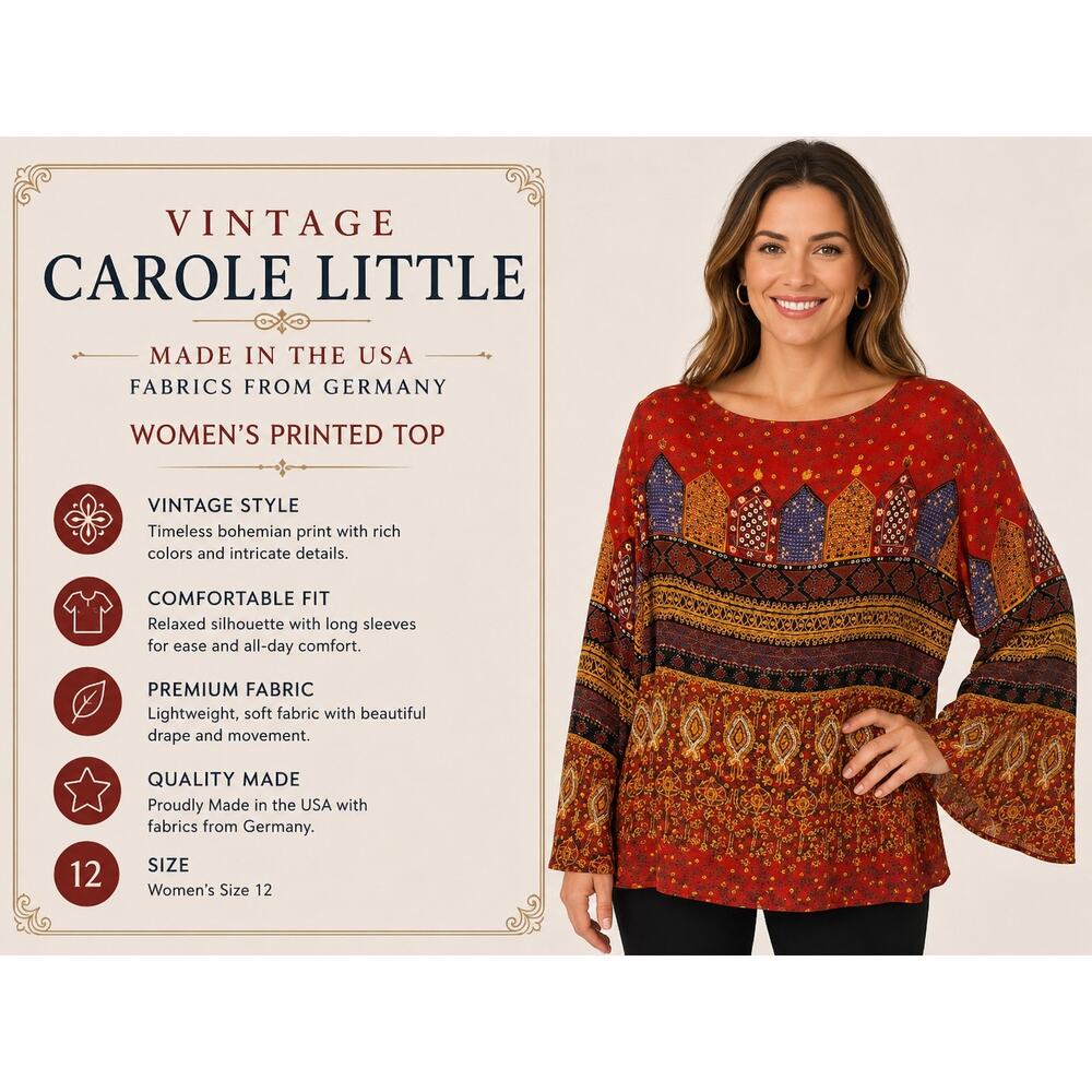 Vintage Carole Little USA German Fabric Boho Tribal Top Blouse Size 12